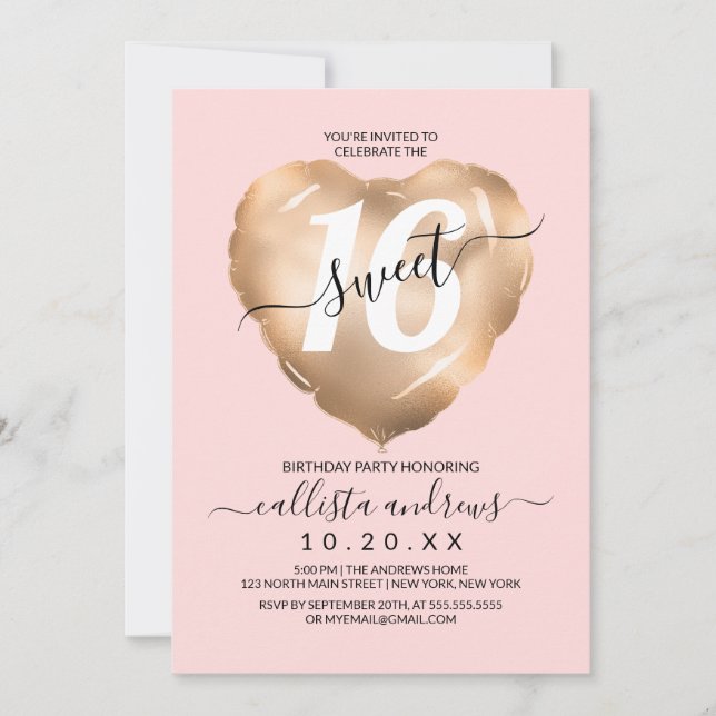 Convite Girly Blush Gold Foil Heart Balon Sweet 16 (Frente)