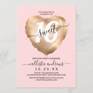 Convite Girly Blush Gold Foil Heart Balon Sweet 16
