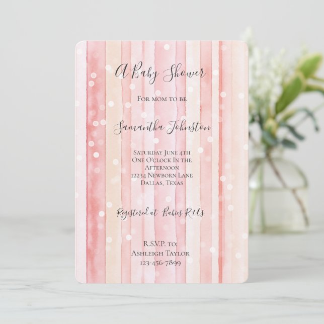 Convite Girly Blush Pink Stripes White Dots Baby Shower (Em pé/Frente)