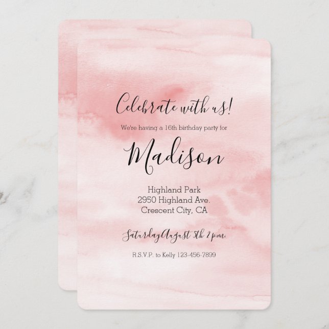 Convite Girly Blush Pink Watercolor personalizado (Frente/Verso)