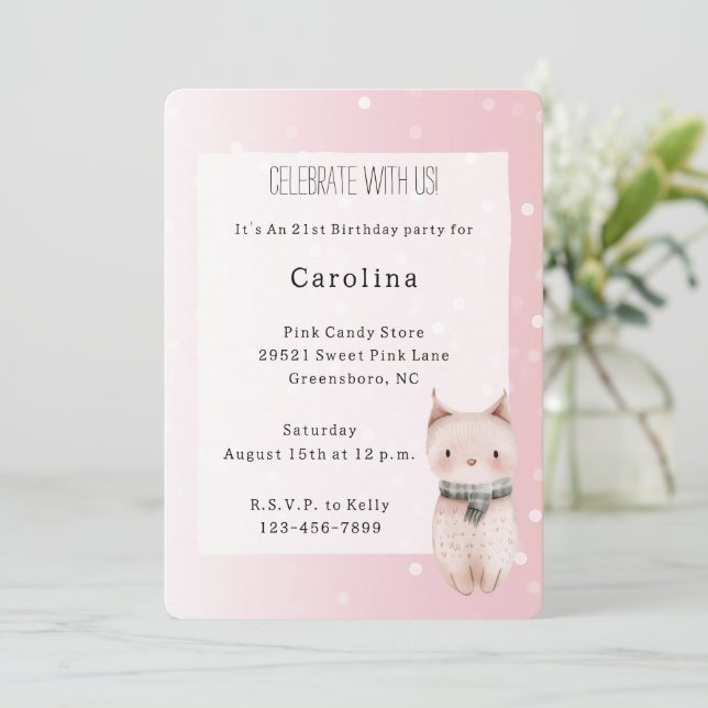 Convite Girly Blush Pink White Dots Cat Birthday (Em pé/Frente)