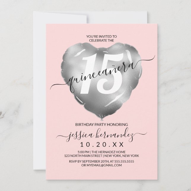 Convite Girly Blush Silver Foil Heart Balão Quinceañera (Frente)