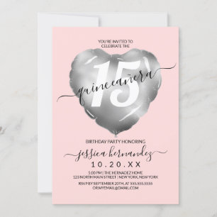 Convite Girly Blush Silver Foil Heart Balão Quinceañera