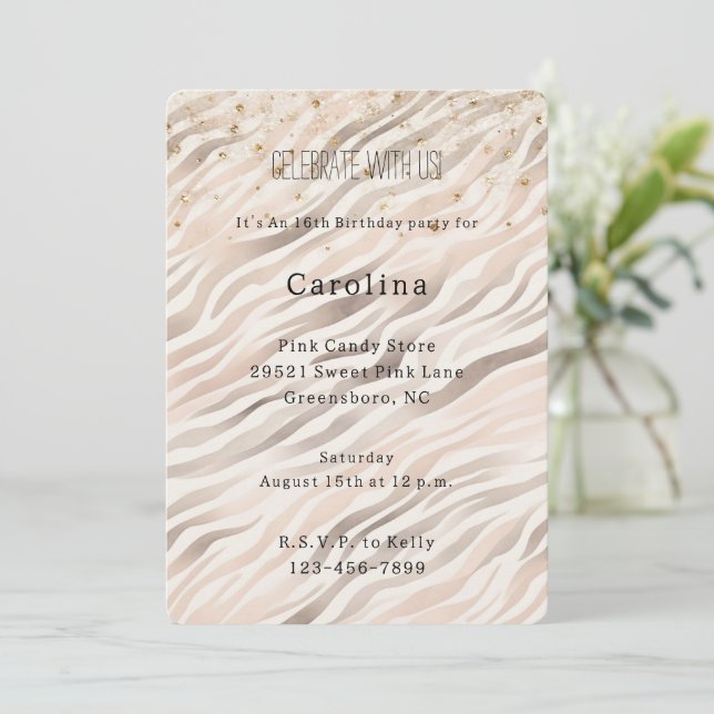 Convite Girly Blush Zebra Gold Confetti Sparkle Birthday (Em pé/Frente)
