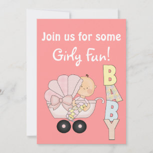 Convite Girly Chá de fraldas+Cute Baby Buggy/Pink