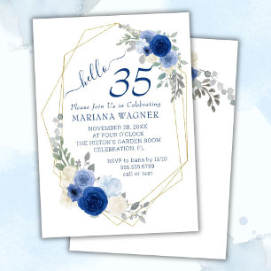 Convite Girly Chic Azul Marinho Floral 35º Aniversário