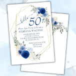 Convite Girly Chic Blue Floral 50th Birthday<br><div class="desc">Marinho azul floral floral cinzenta convites de 50 anos com moldura de ouro para ela em bonito flores azuis.</div>