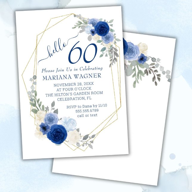 Convite Girly Chic Blue Floral 60th Birthday (Criador carregado)