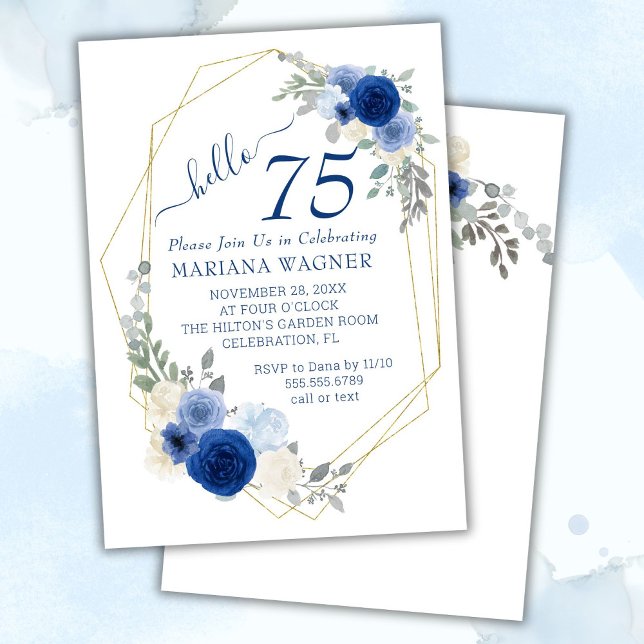 Convite Girly Chic Blue Floral 75th Birthday (Criador carregado)