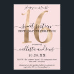 Convite Girly Chic Faux Dourado Blush Pink 16<br><div class="desc">Este convite de aniversário elegante, simples, minimalista e chic Sweet XVI é perfeito para a sua jovem adolescente. Ele apresenta um eslavo impresso e um número de ouro luxo, "16" em cima de um fundo rosado e cinza, com fontes roxas e serif pretas complementares. É uma forma única, moderna, legal...</div>