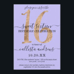 Convite Girly Chic Faux Dourado Glitter Lilac Purple Sweet<br><div class="desc">Este convite de aniversário elegante, simples, minimalista e chic Sweet XVI é perfeito para a sua jovem adolescente. Ele apresenta um falso glamouroso impresso lavish e um luxo dourado brilhante número de sequência, "16" sobre um fundo roxo feminino com fontes preto complementares e serif. É uma forma única, moderna, legal...</div>