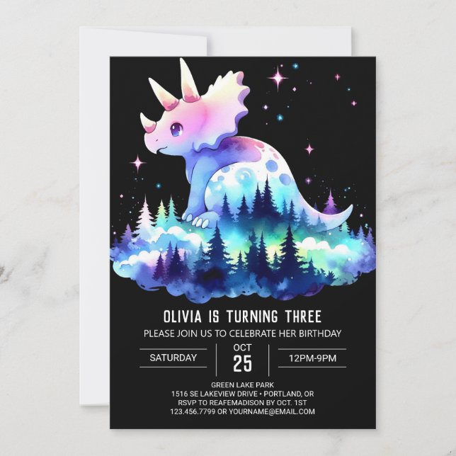 Convite Girly Chic Triceratops Aniversário (Frente)