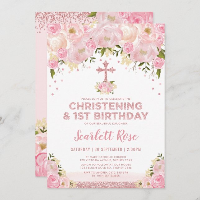 Convite Girly Christening primeiro aniversario Blush Doura (Frente/Verso)