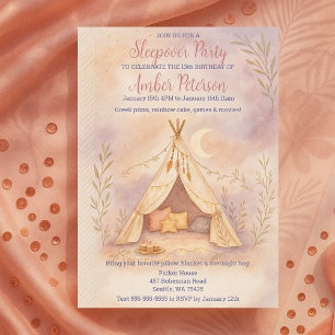 Convite Girly Cozy Tent Moon e Stars Boho Festa de anivers