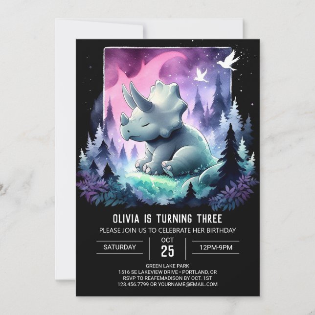 Convite Girly Dinosaur Triceratops Aniversário (Frente)