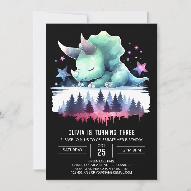 Convite Girly Elegant Triceratops Aniversário (Frente)