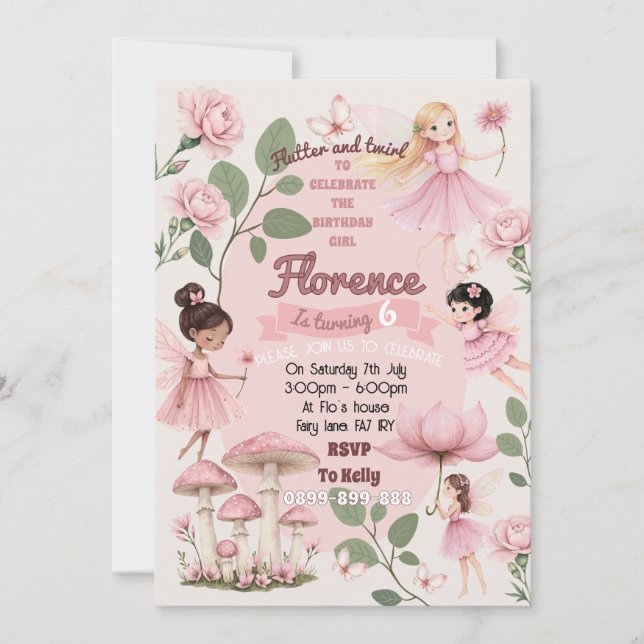 Convite Girly fairy birthday party invitation  (Frente)