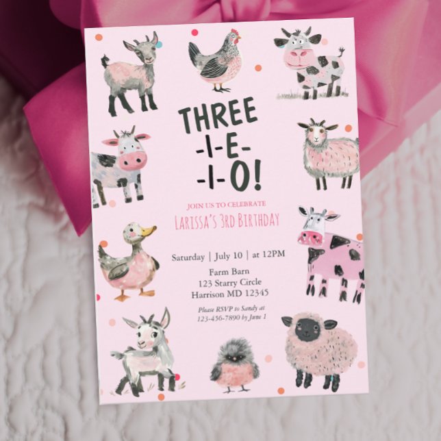 Convite Girly Farm Animal Third Birthday Invitation (Criador carregado)