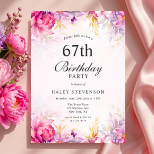 Convite Girly Floral Pastel Watercolor Chic 67.º Aniversár