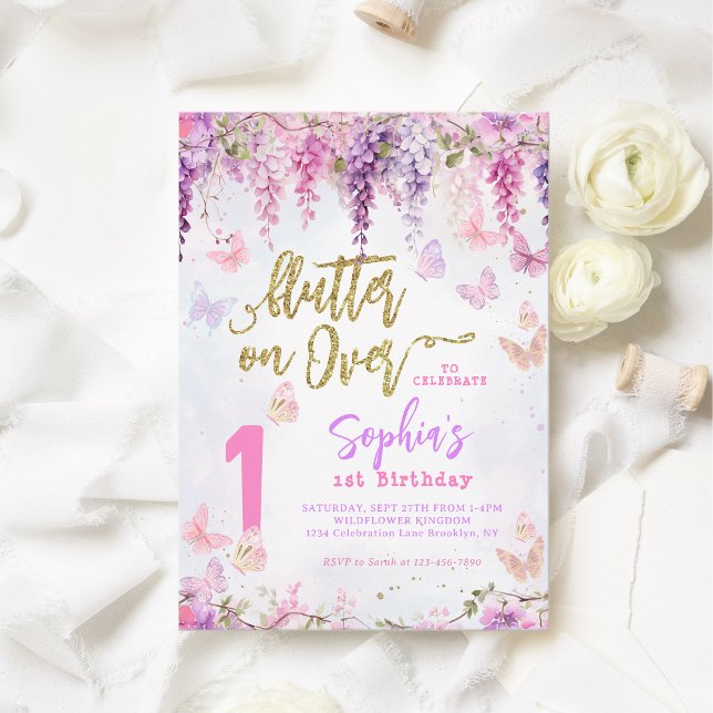 Convite Girly Floral Wisteria Dourada Aniversário de crian (Criador carregado)