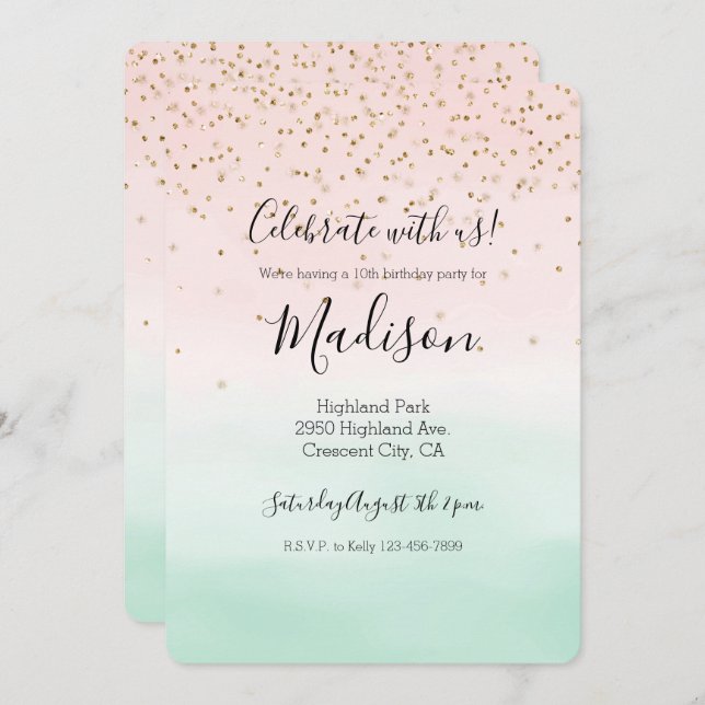 Convite Girly Glam Blush Pink Mint Dourado Sparkle Confett (Frente/Verso)