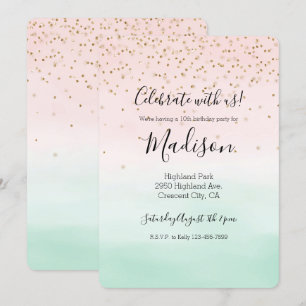 Convite Girly Glam Blush Pink Mint Dourado Sparkle Confett