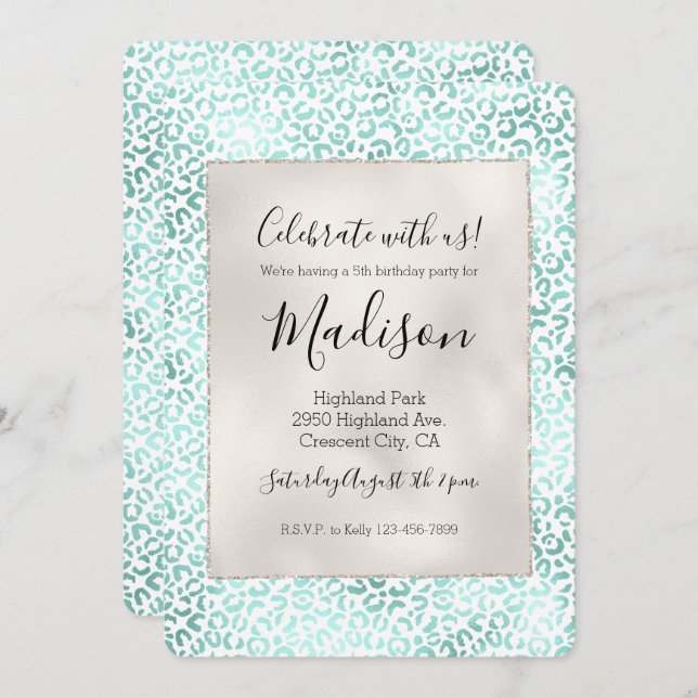 Convite Girly Glam Mint Leopard Print (Frente/Verso)
