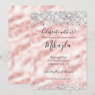 Convite Girly Glam Rosa Prata Brilho Lantejoulas Confete