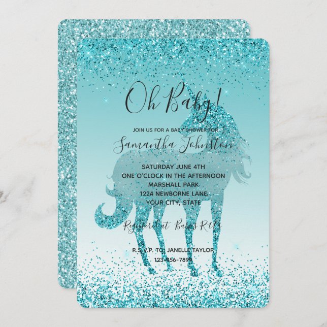 Convite Girly Glitz Aqua Turquoise Glitter Unicorn (Frente/Verso)