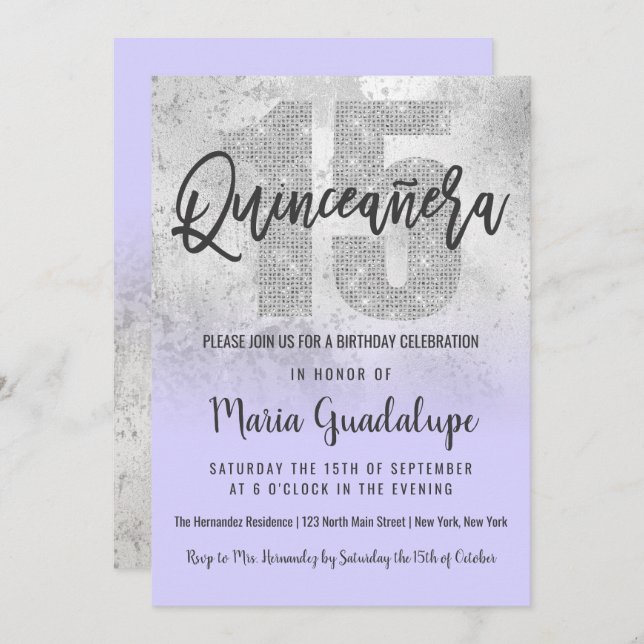 Convite Girly Grunge Silver Lilac Glitter Foil Quinceañera (Frente/Verso)