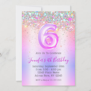 Convite Girly Holographic Glitter 6 Purple Birthday