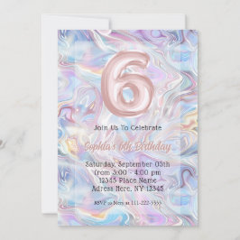 Convite Girly Holographic Marble Swirl 6 Birthday