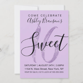 Convite Girly Lilac Purple Sequin Glitter Sweet 16