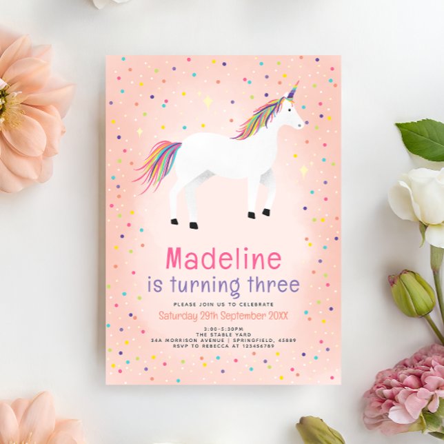 Convite Girly Magical Cute Pink Unicorn Kids Birthday (Criador carregado)