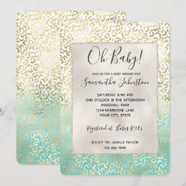 Convite Girly Mint Watercolor Ombre Dourado Leopard Print