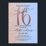 Convite Girly Modern Blue Rosa Dourado Ombre Sweet 16<br><div class="desc">Este convite de aniversário giro e chique de 16 anos é perfeito para o dia especial da sua filha adolescente. Ele apresenta um brilho rosa dourado cintilante imprimido grande, "16", sobre um simples azul de serenidade pastel e rosa dourado esfarrapado, brilha lateralmente, fundo ombre gradiente. É simples, único, moderno, bonito...</div>