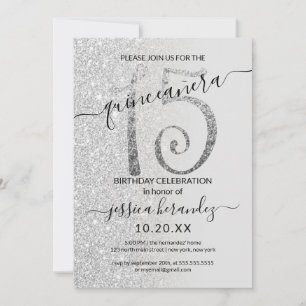 Convite Girly Modern Cinza Silver Glitter Ombre Quinceañer