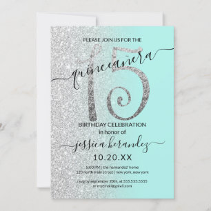 Convite Girly Modern Mint Silver Glitter Ombre Quinceañera