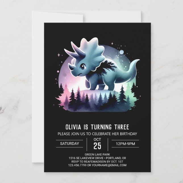 Convite Girly Modern Triceratops Aniversário (Frente)