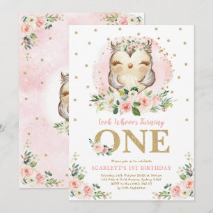 Convite Girly Owl Blush, Festa de primeiro aniversario Flo