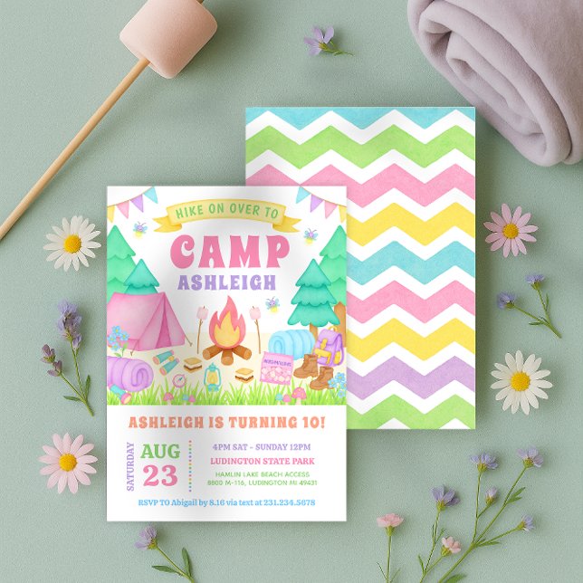 Convite Girly Pastel Camping Birthday Invitation (Girly Pastel Camping Birthday Invitation)