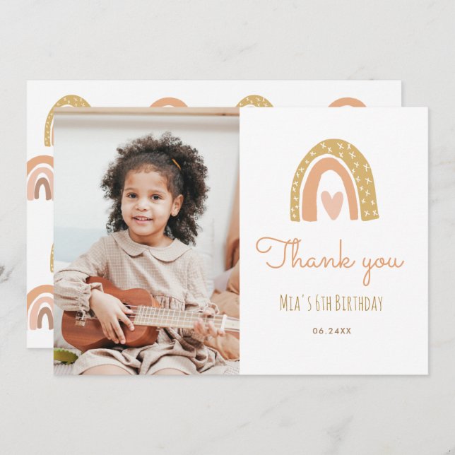 Convite Girly Pastel Rainbow 6 Aniversário Foto Obrigado (Frente/Verso)