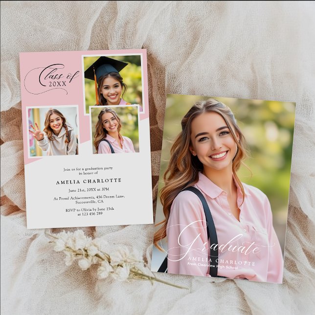 Convite Girly Photo Collage Modern Graduation Party (Criador carregado)
