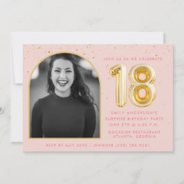 Convite Girly Pink 18º Balão Dourado de Aniversário Confet