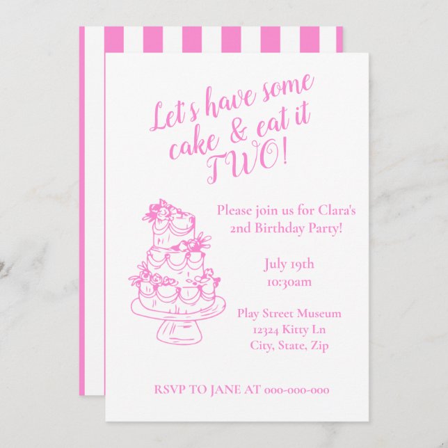 Convite Girly Pink 2nd Birthday Invitation - Cake Theme  (Frente/Verso)
