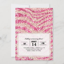 Convite Girly Pink Blush Glitter Zebra Pattern            