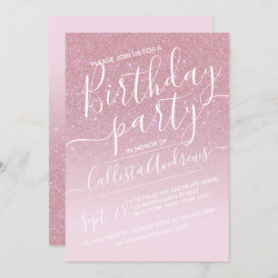 Convite Girly Pink Faux Sparkly Ombre Birthday