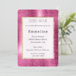Convite Girly Pink Glam Dourado Sparkle Confetti Aniversár