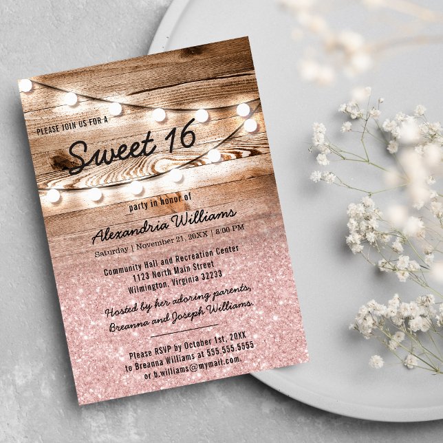 Convite Girly Pink Glitter Hanging Lights Wood Sweet 16 (Girly Pink Glitter Hanging Lights Wood Sweet 16 Invitation )