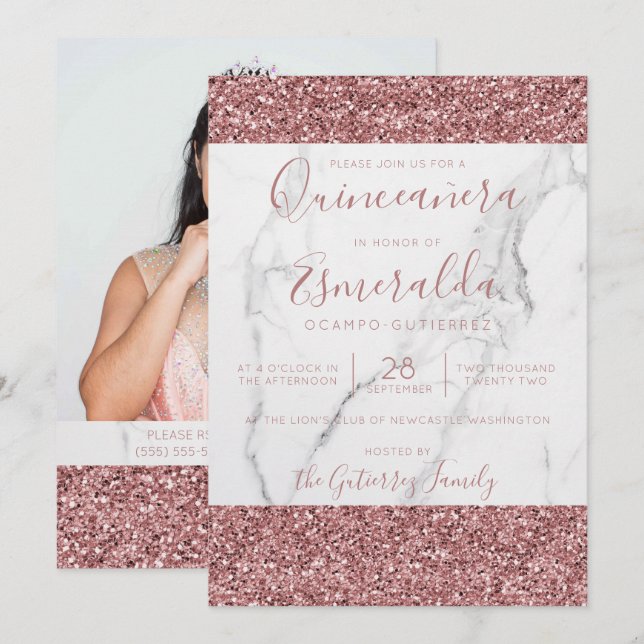 Convite Girly Pink Glitter Marble Quinceanera Foto (Frente/Verso)